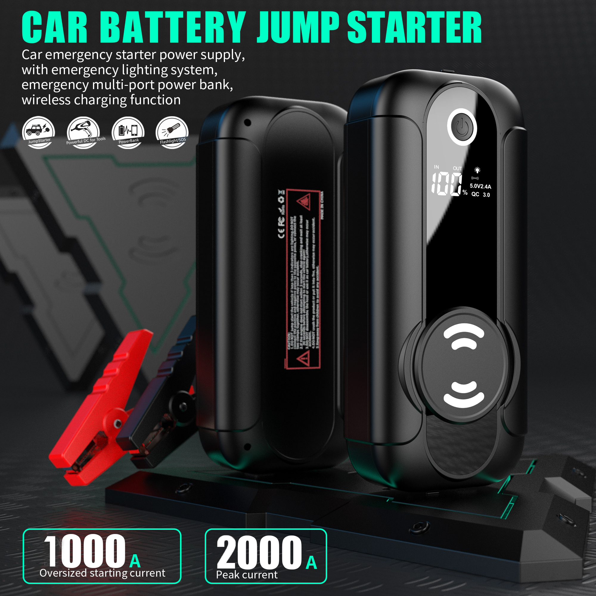 10000mAh Car Battery Charger Jump Starter with Wireless Charger
