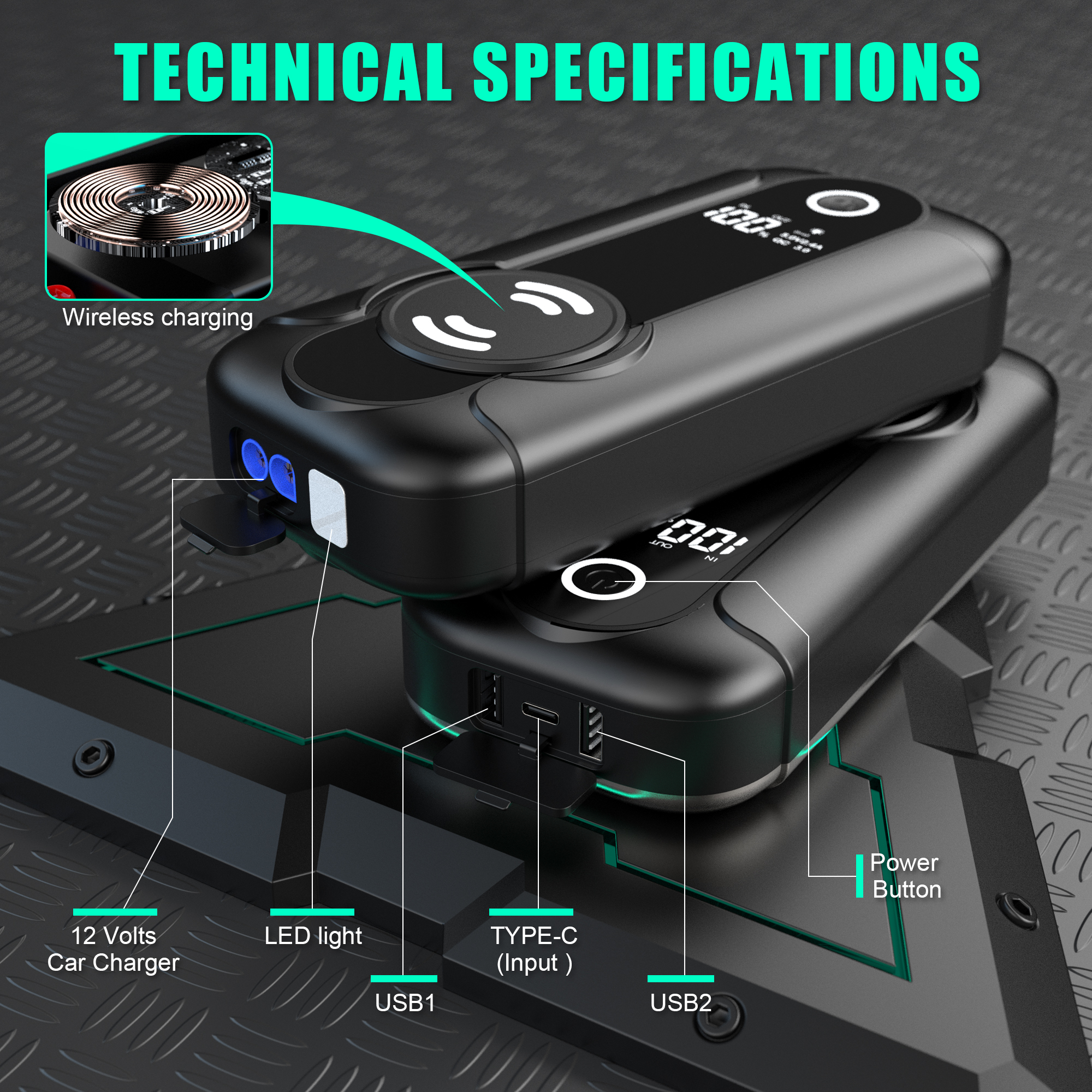 10000mAh Car Battery Charger Jump Starter with Wireless Charger