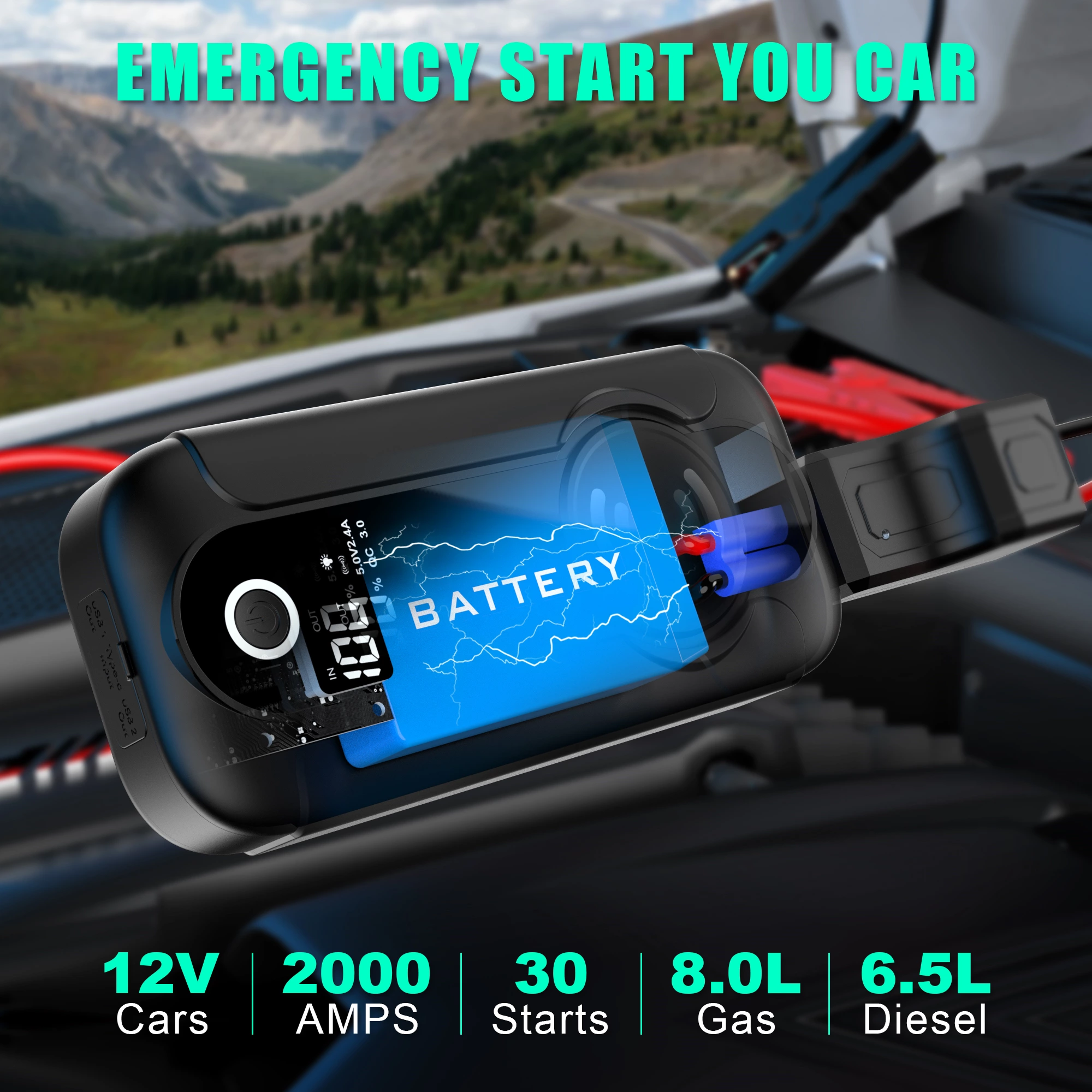 10000mAh Car Battery Charger Jump Starter with Wireless Charger