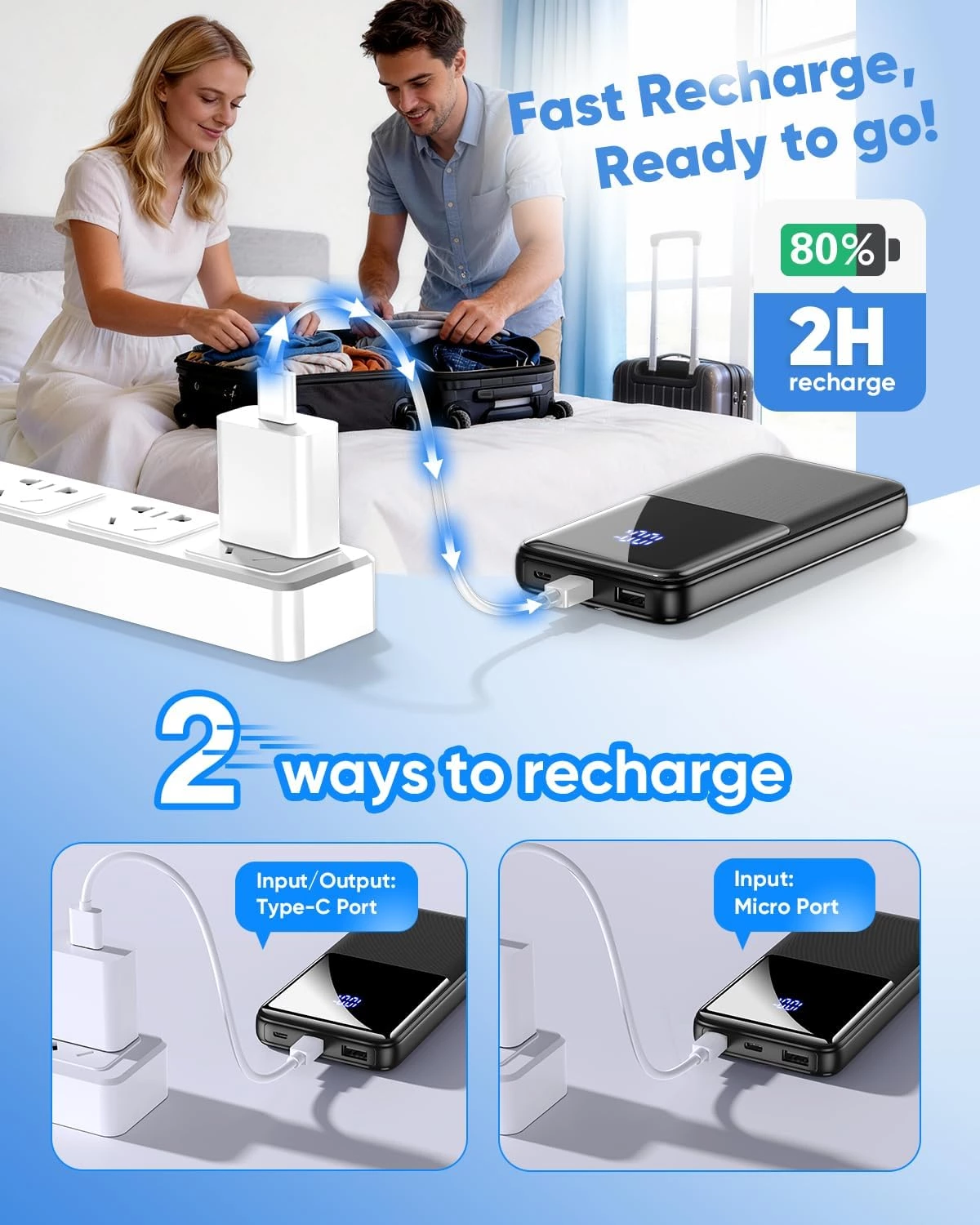 15000mAh Portable Battery Pack 22.5W Fast Charging Built-in Cable