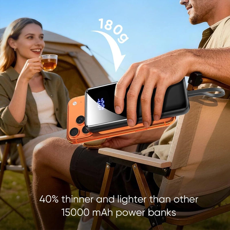 15000mAh Portable Battery Pack 22.5W Fast Charging Built-in Cable