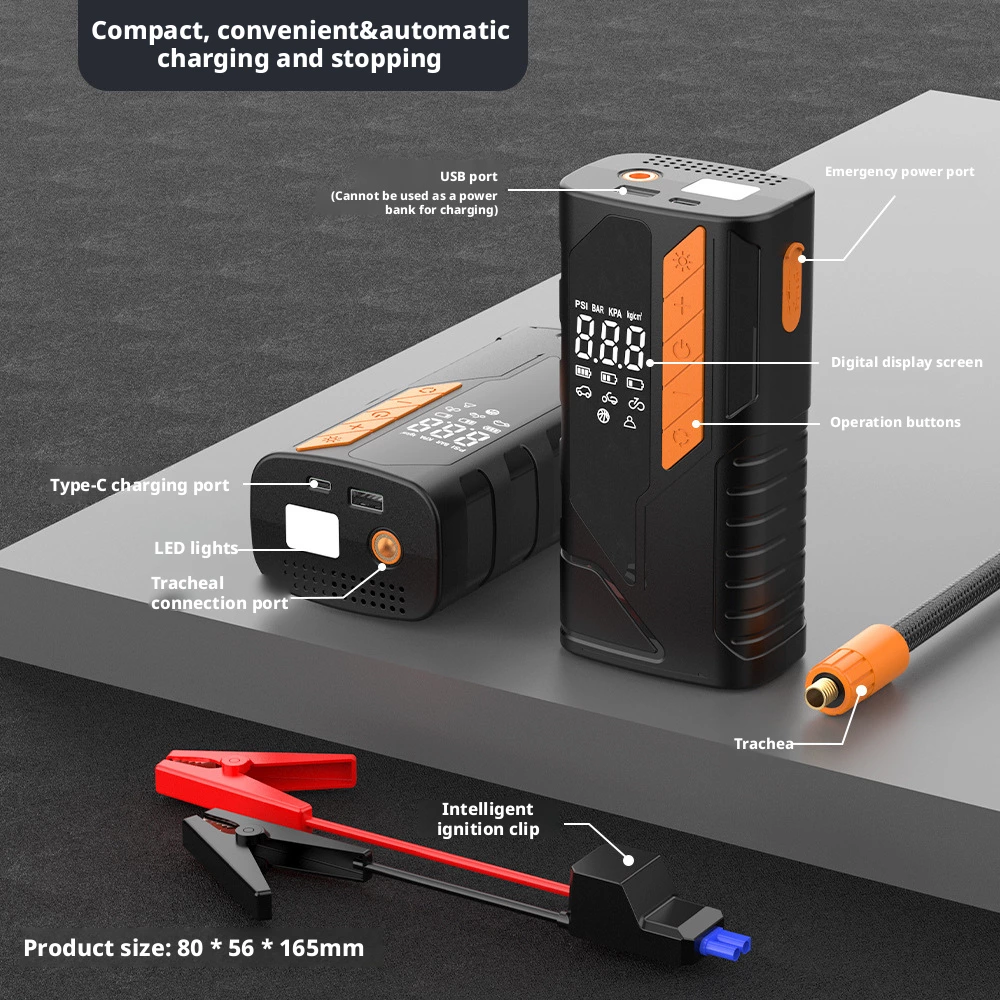 Portable car jump starter with tire inflator product structure and function labels