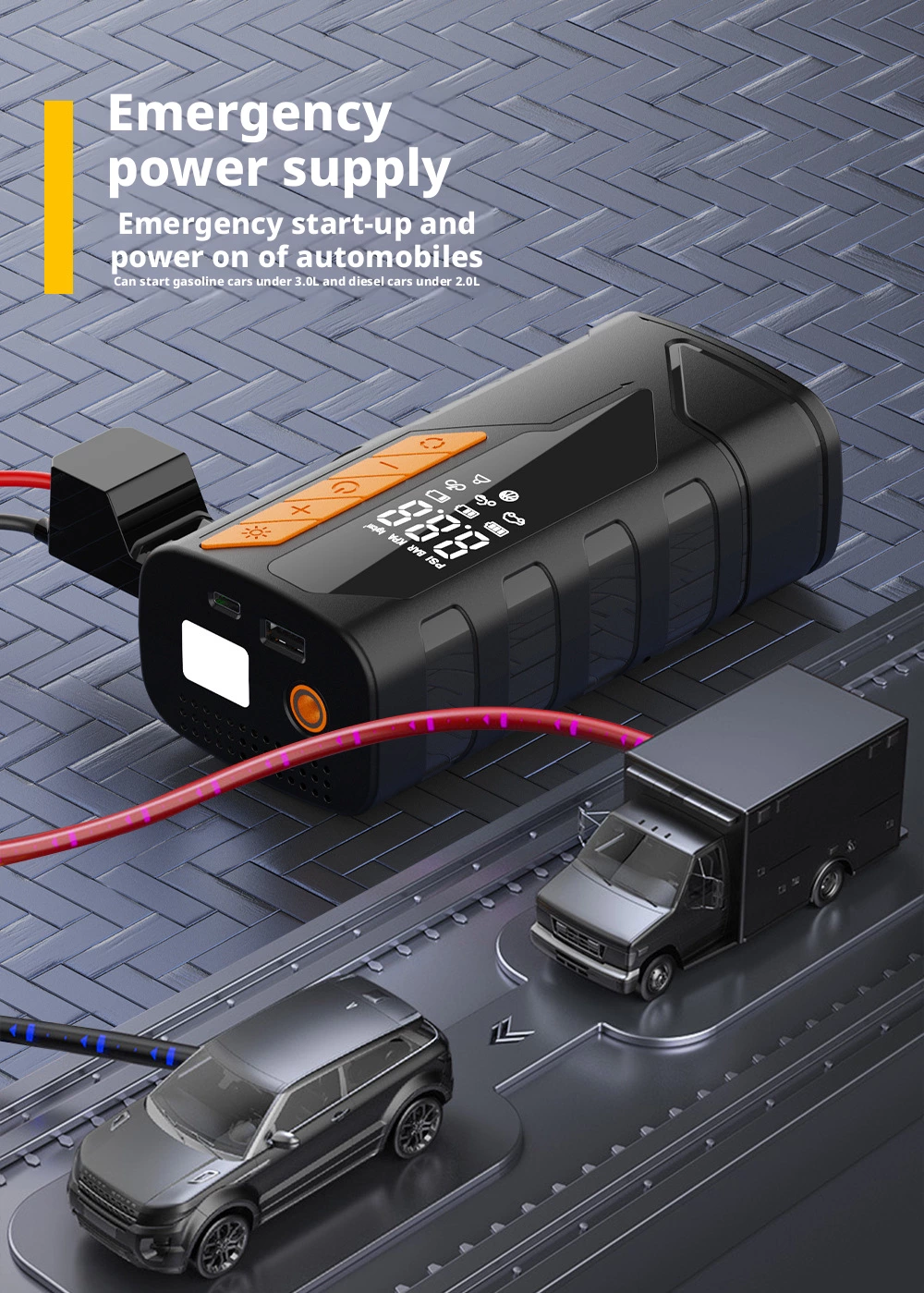 Emergency car battery booster for gasoline cars under 3.0L and diesel cars under 2.0L