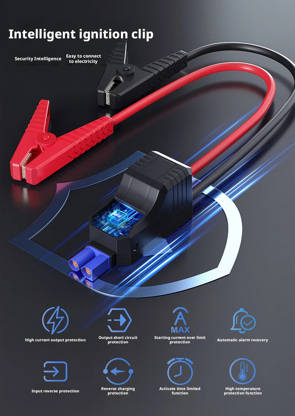 Smart ignition clip for portable car jump starter with safety protection