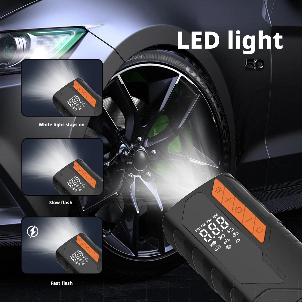 Car jump starter with LED light for nighttime roadside emergency use