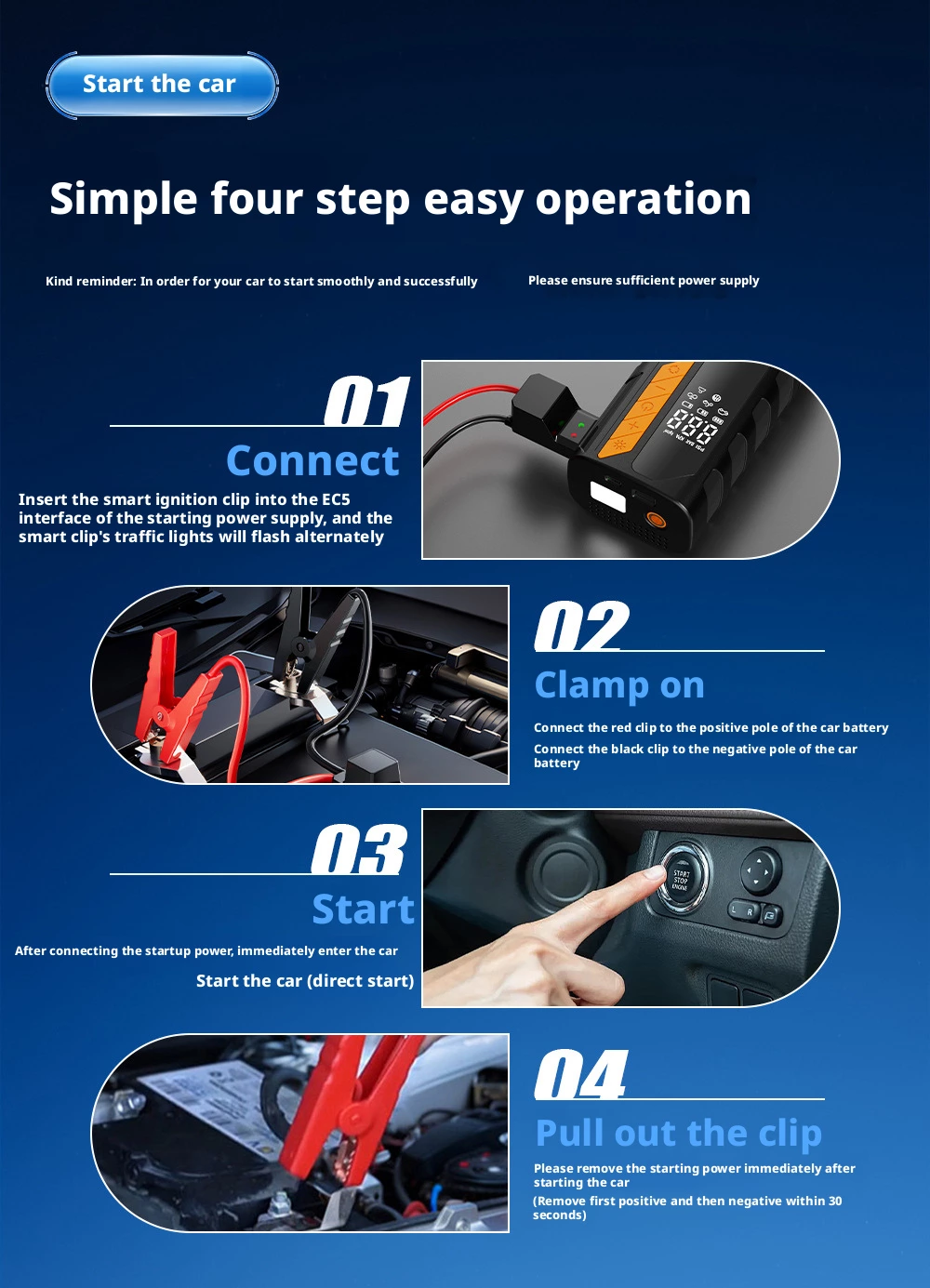 Four-step operation guide for emergency car jump starter