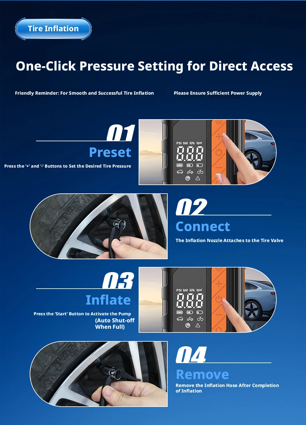 One-click pressure setting guide for digital tire inflator with automatic shut-off